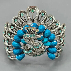 Blue Silver Peacock Gems Metal‎ Cuff Bracelet Boho Fashion Jewelry Retro JB4-18
